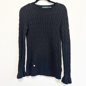 Lauren Ralph Lauren 100% Cotton True Black Ruffle Cuff Fisherman Sweater Small